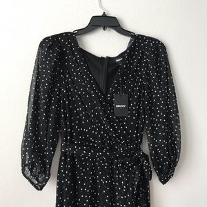 New! DKNY Faux Wrap Midi Balloon Sleeve Dots Dress